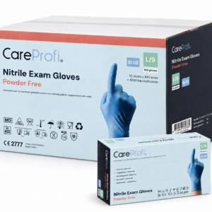 CareProfi-omdoos met 10 doosjes van 100 blauwe nitril handschoenen, met een los doosje op de voorgrond.